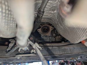 A Toyota Prius after catalytic converter theft.