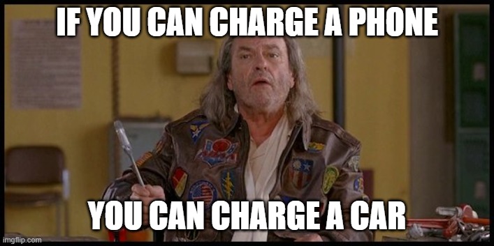 If you can charge a phone you can charge a car. Patches O'Houlihan holding a wrench.